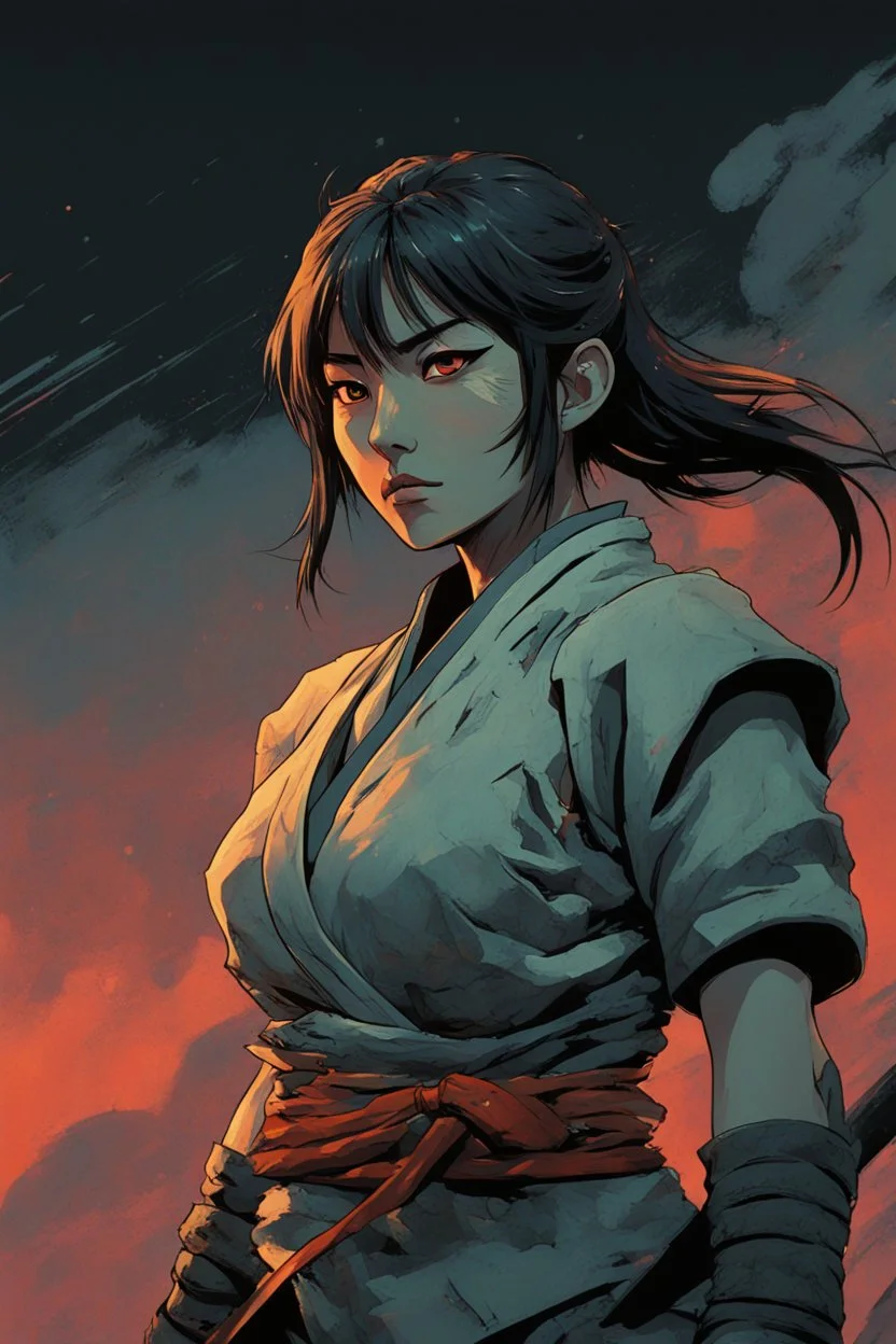 Original anime Japanese female kungfu warrior main character . Studio ghibli style mixed with Frank Frazetta. Mobius style background. Iconic character design. Dynamic silhouette . Unique features. Make the eyes the focal point. Dystopian sci-fi . Stone cold killer. Brilliant use of color theory and cinematic lighting. cubism style