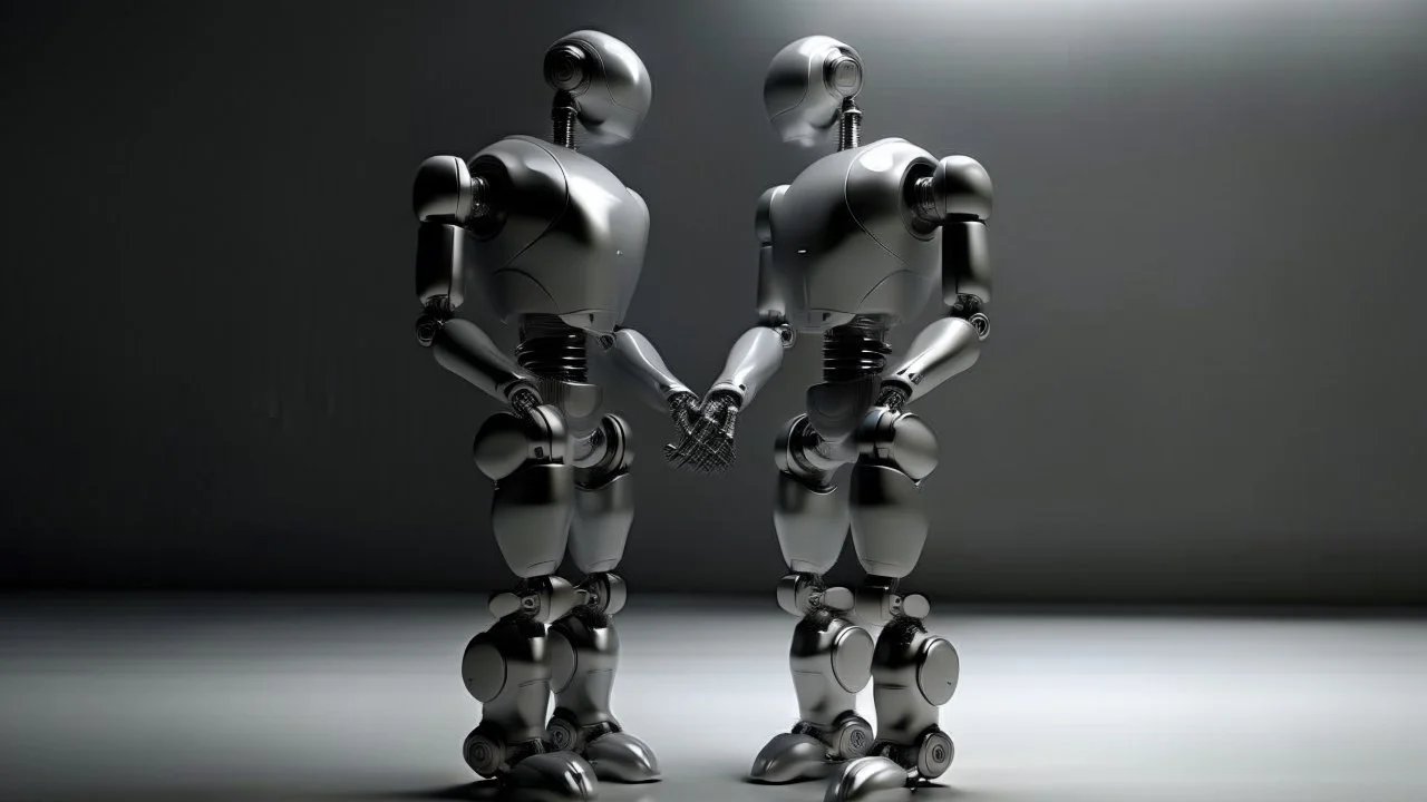 Surrealism.. Create an image featuring two humanoid robots holding hands. One robot should have a shiny light gray finish, while the other should have an opaque dark gray appearance. Both robots have their heads slightly tilted downwards, giving a mechanical and somewhat contemplative look. The setting is minimalistic, focusing on the contrast between the robots' finishes and their human-like connection. Contemporary art.