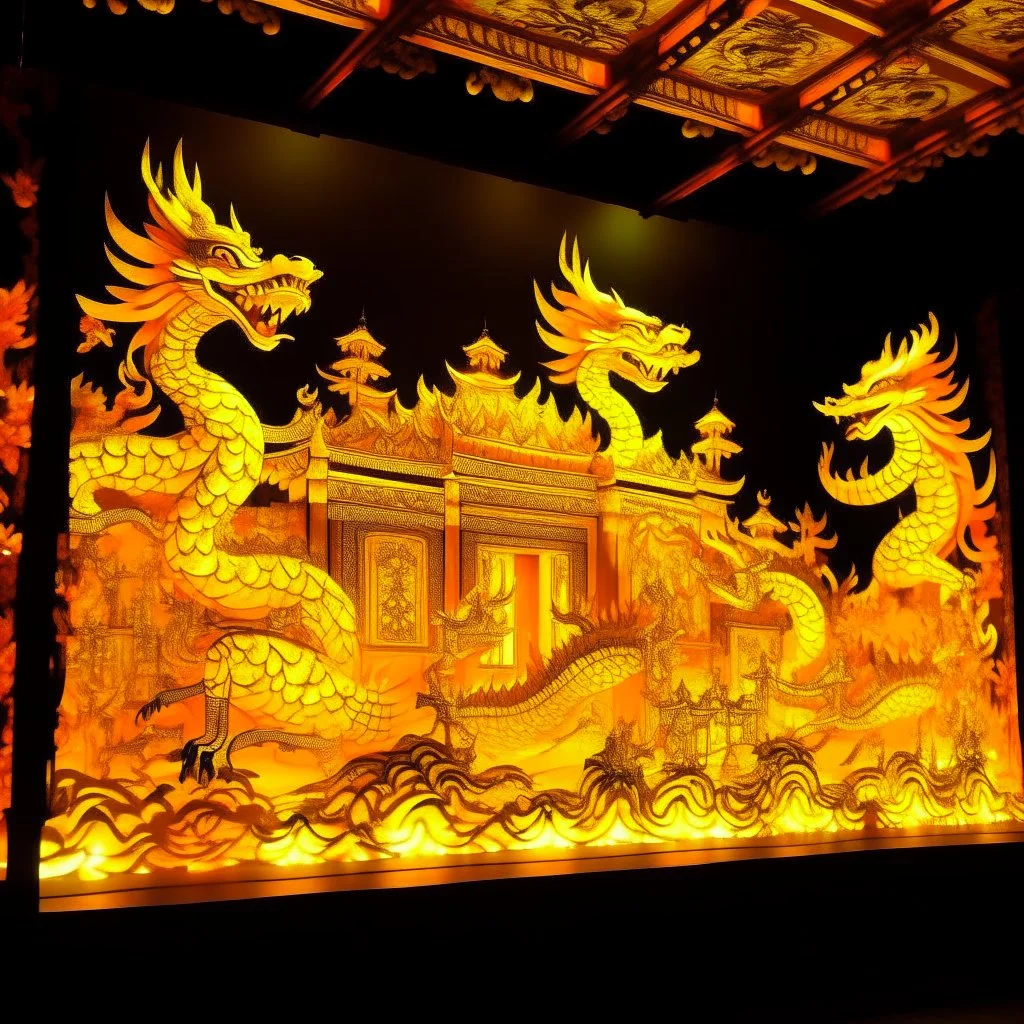 A yellow palace with glowing light dragons designed in Javanese shadow puppets painted by Qiu Ying