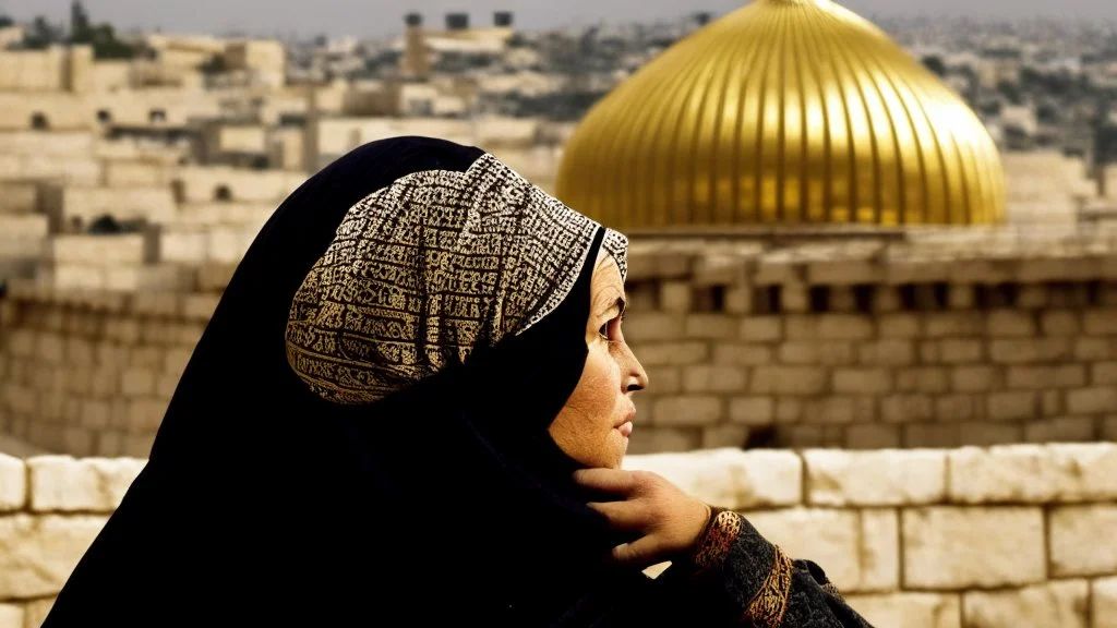 A woman wearing a keffiyeh holds the Dome of the Rock