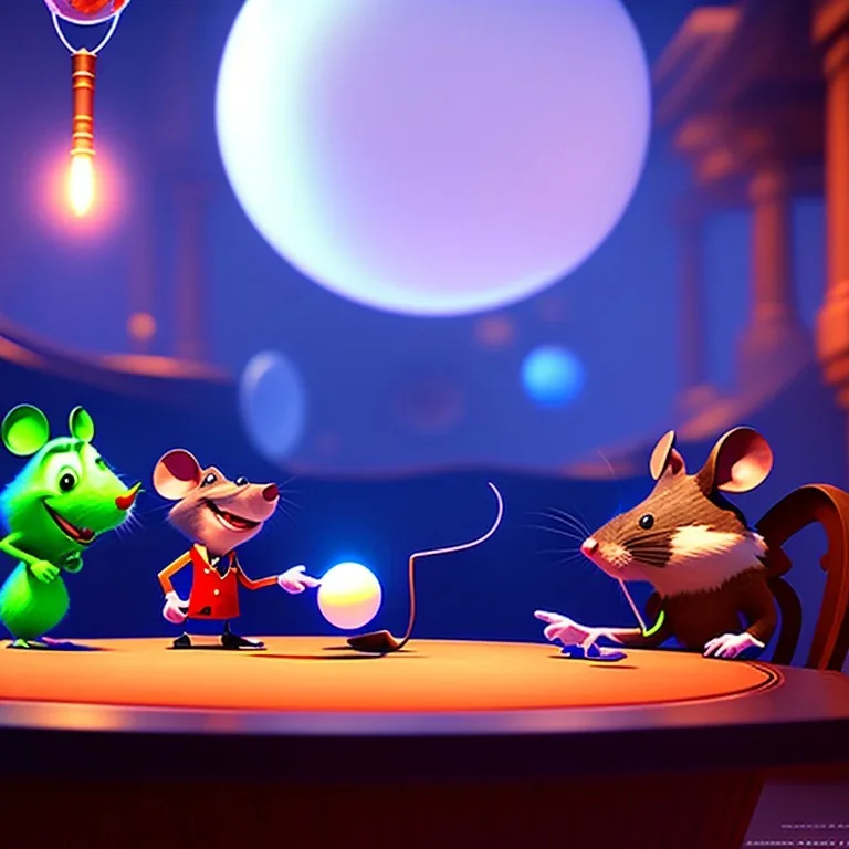 The mouse and the executioner discussing the future of the universe on bubble world, art by Pixar and Dreamworks