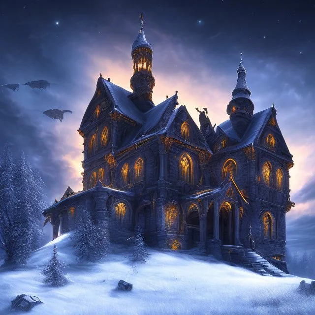 nightsky, blue, black, fields, abandoned buildings, ruins, cottage, gothic castle, metal, gold, satanic,