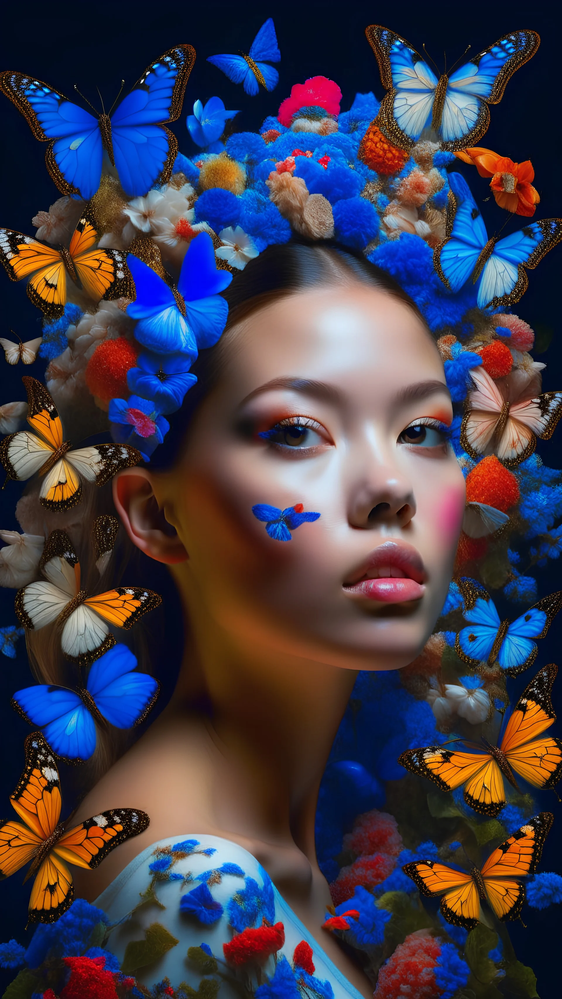 a woman with porcelain skin, surrounded by delicate porcelain flowers and butterflies evoking a sense of ethereal beauty, perfect composition, Insanely detailed, Hyperrealistic, splash art, concept art, mid shot, intricately detailed, color depth, dramatic, 2/3 face angle, side light, colorful background