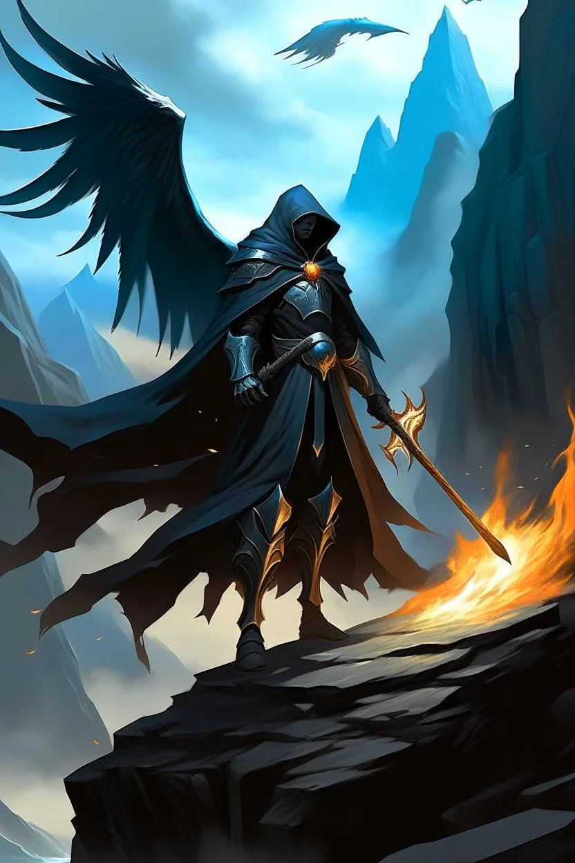 A commander with a black cloak and a long coat with long combat boots and a long spear with his Helmet is golden under his cloak like assasins With a magical power in his hand and a white anklet and boots With blue flame eyes,It has two black wings on its back,Standing on top of a rock