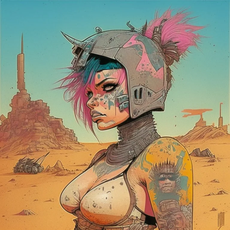 Cute egirl tattooed mugshot, cyberpunk desert volcano, 1980 comic book style, knight armor, wasteland.