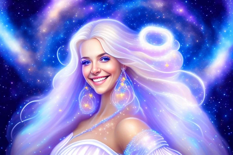 very beautiful cosmic women with white long hair, smiling, with cosmic dress and bright earings. in the background there is a bautiful sky with stars and light beam