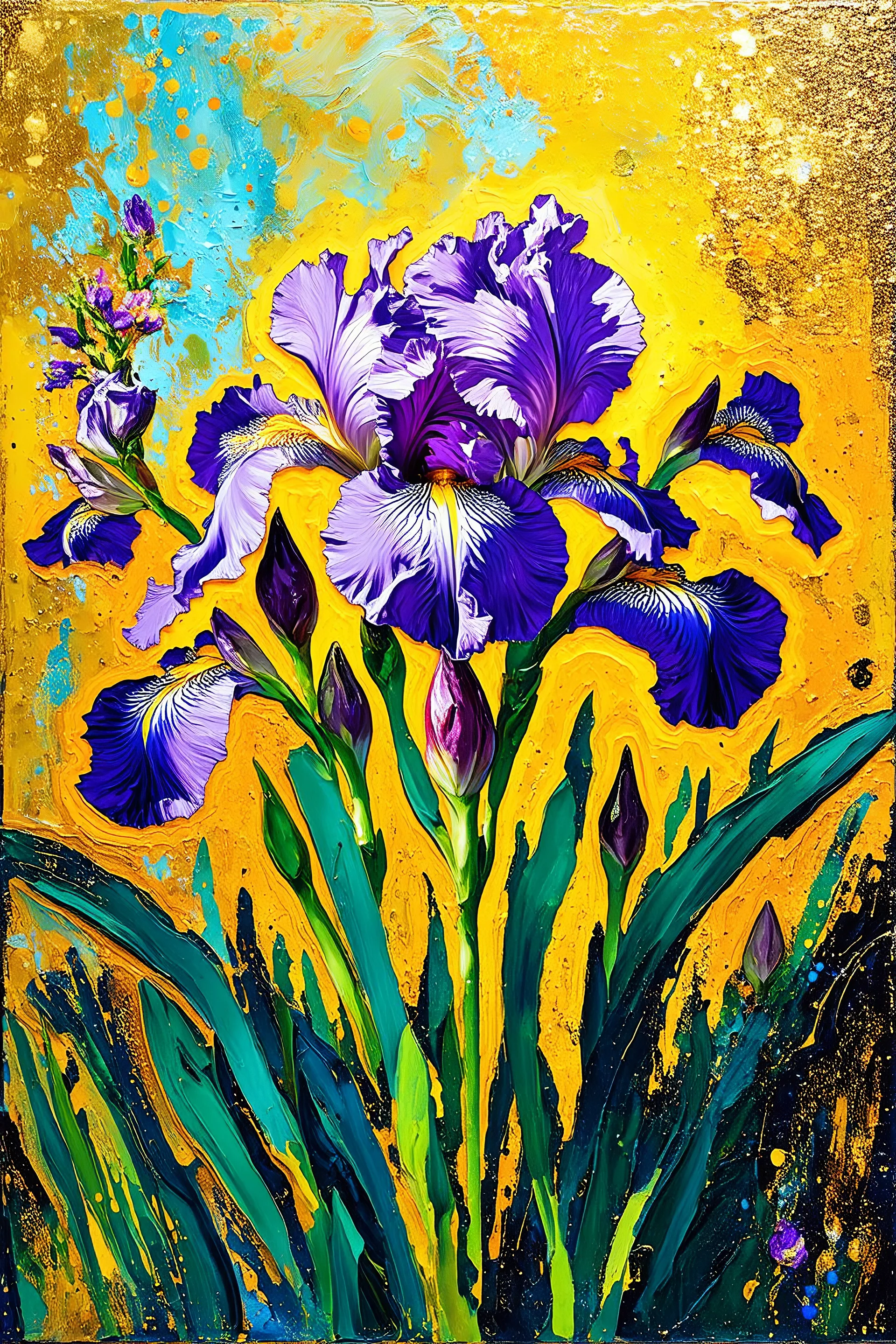 ideal image optimization, the best lush big Siberian Iris flower result, Create stunning summer flowers art combining Gustav Klimt's intricate style with Pierre-Auguste Renoir's vibrant brushstrokes. Use alcohol ink splatter for dynamic elements. Aim for hyper-detailed super realism in 8K, with bright neon colors and gold accents,with glitters, capturing a radiant summer day. Add an Art Nouveau aesthetic to enhance elegance and sophistication of this award-winning Masterpiece seamless pattern