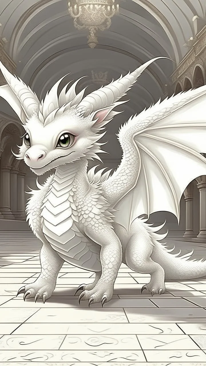 fluffy adorable baby white dragon,run around the Palace