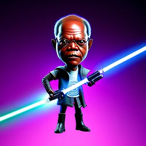 Completely Bald Samuel jackson purpleGlow jedi bobblehead holding a lightsaber and boots,