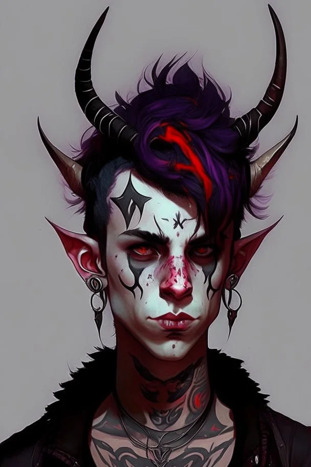 As tiefling teenage boy, he has lots of tattoos and demon horns, he is punk, goth and handsome