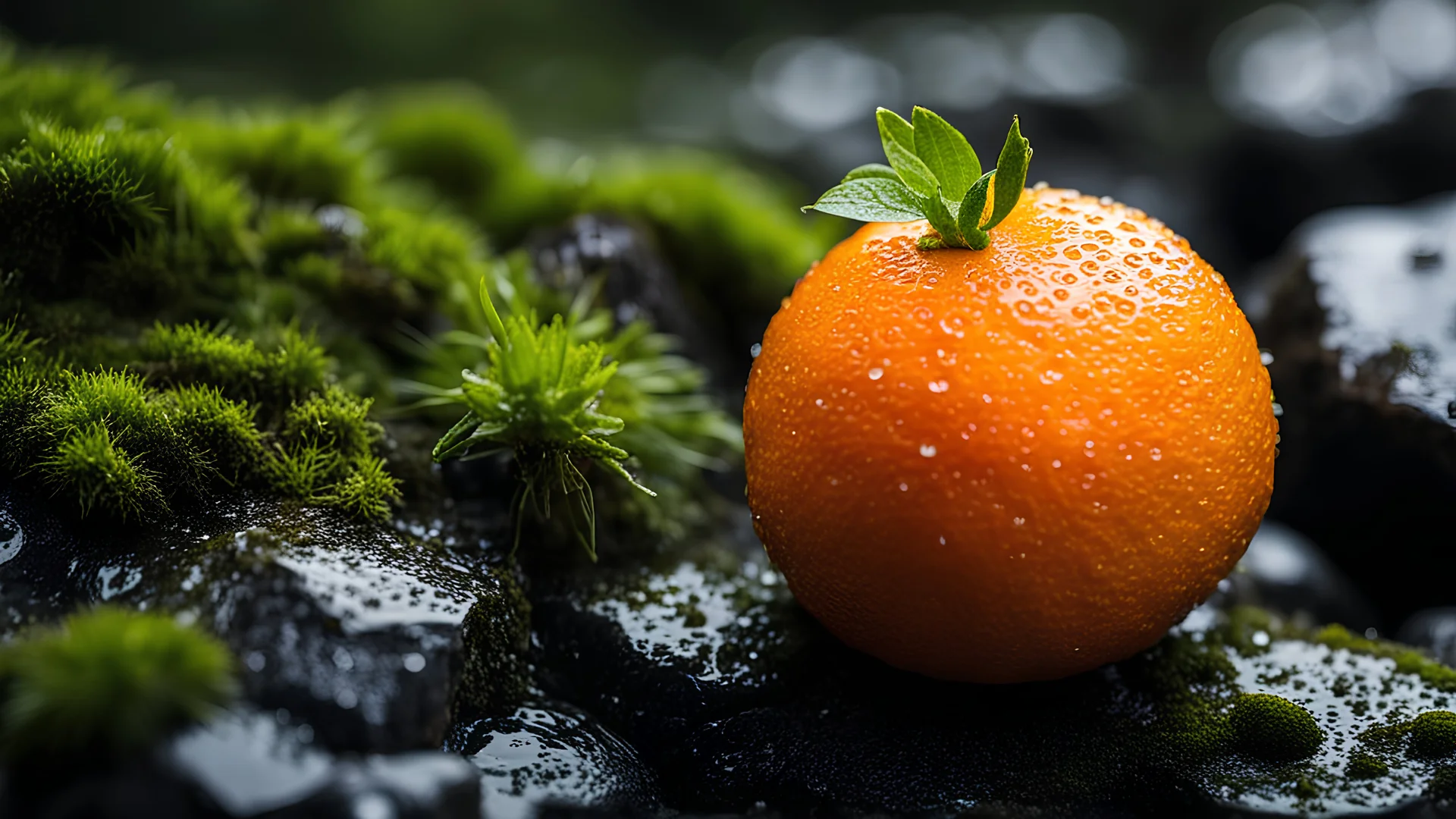 Close up of an orange fruit on a wet rock,moss,high details,dark place