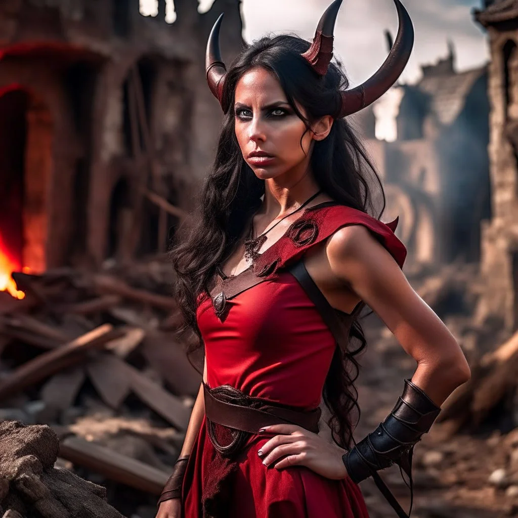 a beautiful tiefling woman with dark hair in a sleeveless battle outfit, amidst the ruins of a medieval town destroyed by war, photo quality, dark red colors