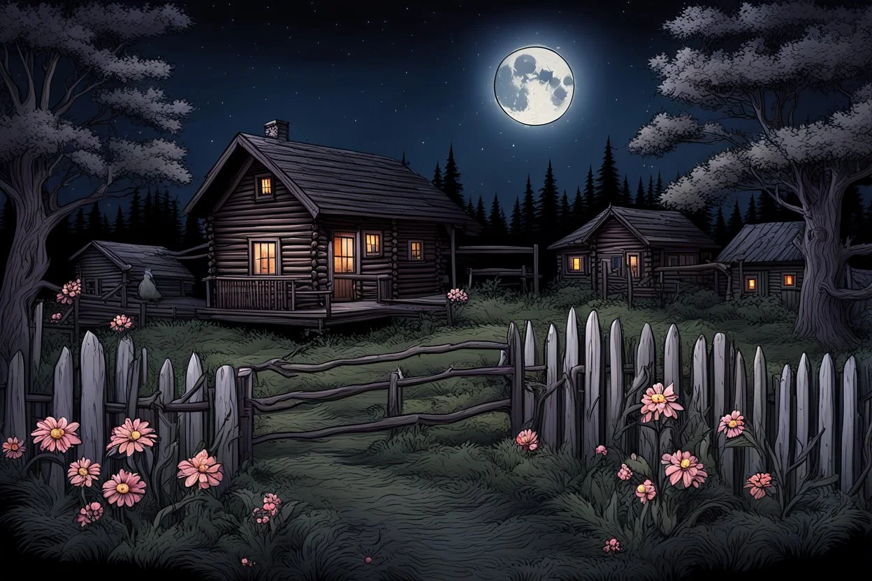 Dry trees, night, full moon, cabin, yard with flowers, fence