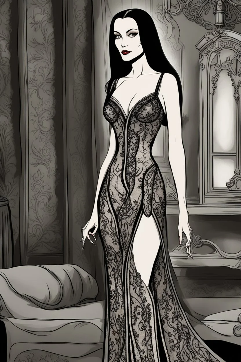 Morticia Addams knew that the right choice of lingerie was essential to ignite the flames of desire within men. Her slender fingers glided over delicate fabrics, exploring the intricate lace and satin. Her eyes danced with anticipation as she considered the possibilities. She sought a piece that would accentuate her curves, tantalize the senses, and leave an indelible mark on Dr. Locust's imagination. Finally, Morticia's gaze settled on a black lace ensemble, adorned with intricate floral patter