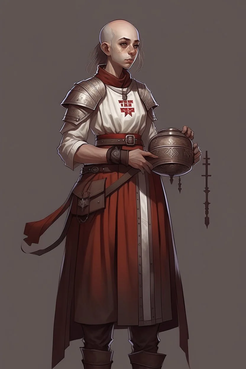 full length, 22-year old female cleric, shaved head, red bracelet, scale mail