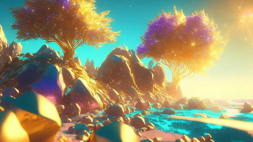 gold crystal cosmic and galactic ambiance hill sky sea ocean space galaxy rocks sunny trees pools surreal, full of details, smooth, bright sunshine，soft light atmosphere, light effect，vaporwave colorful, concept art, smooth, extremely sharp detail, finely tuned detail, ultra high definition, 8 k, unreal engine 5, ultra sharp focus