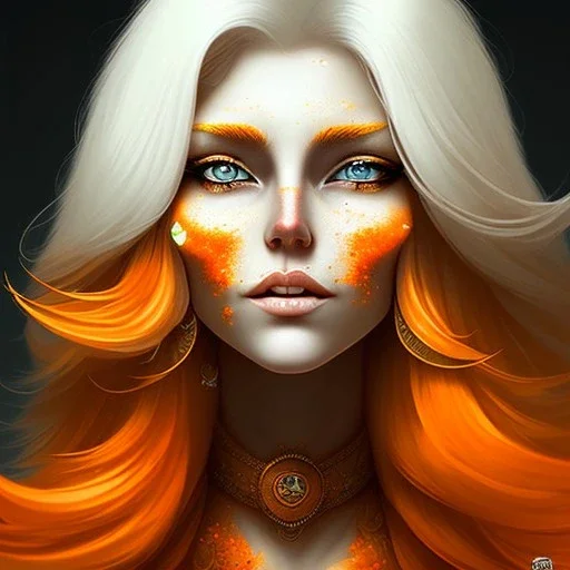 fantasy setting, woman, orange and white hair, wavy hair, freckles, ranger, more orange hair, more white hair, more white hair locks