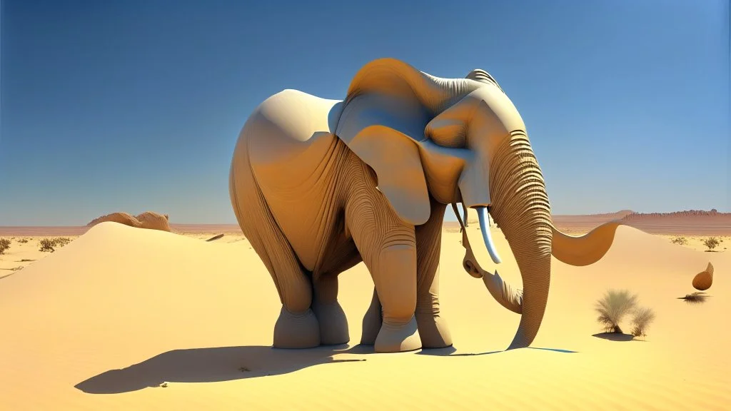 an elephant sculpture in the middle of a desert, a surrealist sculpture by Salvador Dalí, cgsociety, precisionism, biomorphic, 3d, vray