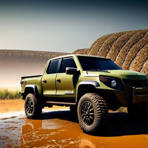 stylized hyperrealistic shot, muddy aggressive military toy truck, monotone color palette, sharp focus, puddle reflection, tire water splash, refraction, mist on the horizon, sunset, rocks background, detailed and intricate, cinematic composition, micro, tilt shift photography, unreal engine 5, octane render, 8k, cinematic lighting