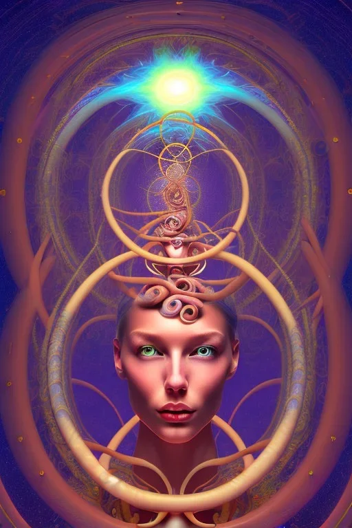 Spiritual being with Tentacles over human Head creating reality around, wrapping Spiral around people, Psychedelic