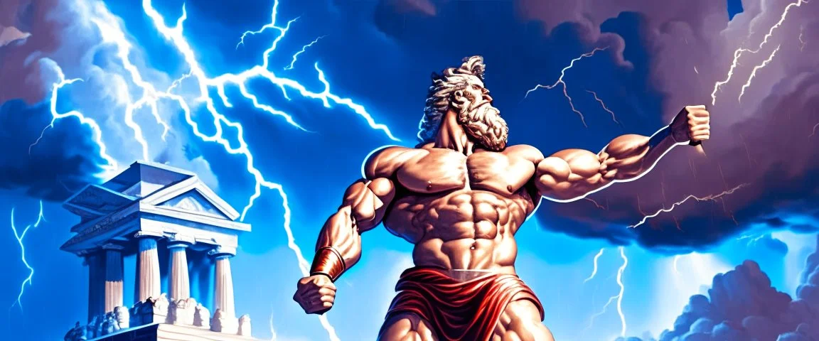 Detailed and realistic illustration of Greek god Zeus holding lightning in front of him Vintage style illustration. Red lightning. Ultra high resolution, realism, muscular, low fat percentage, blue clouds in the background, statue like, temple on the background, mount olympus on the background, lightning stricking on the background, Realistic men, no disformations