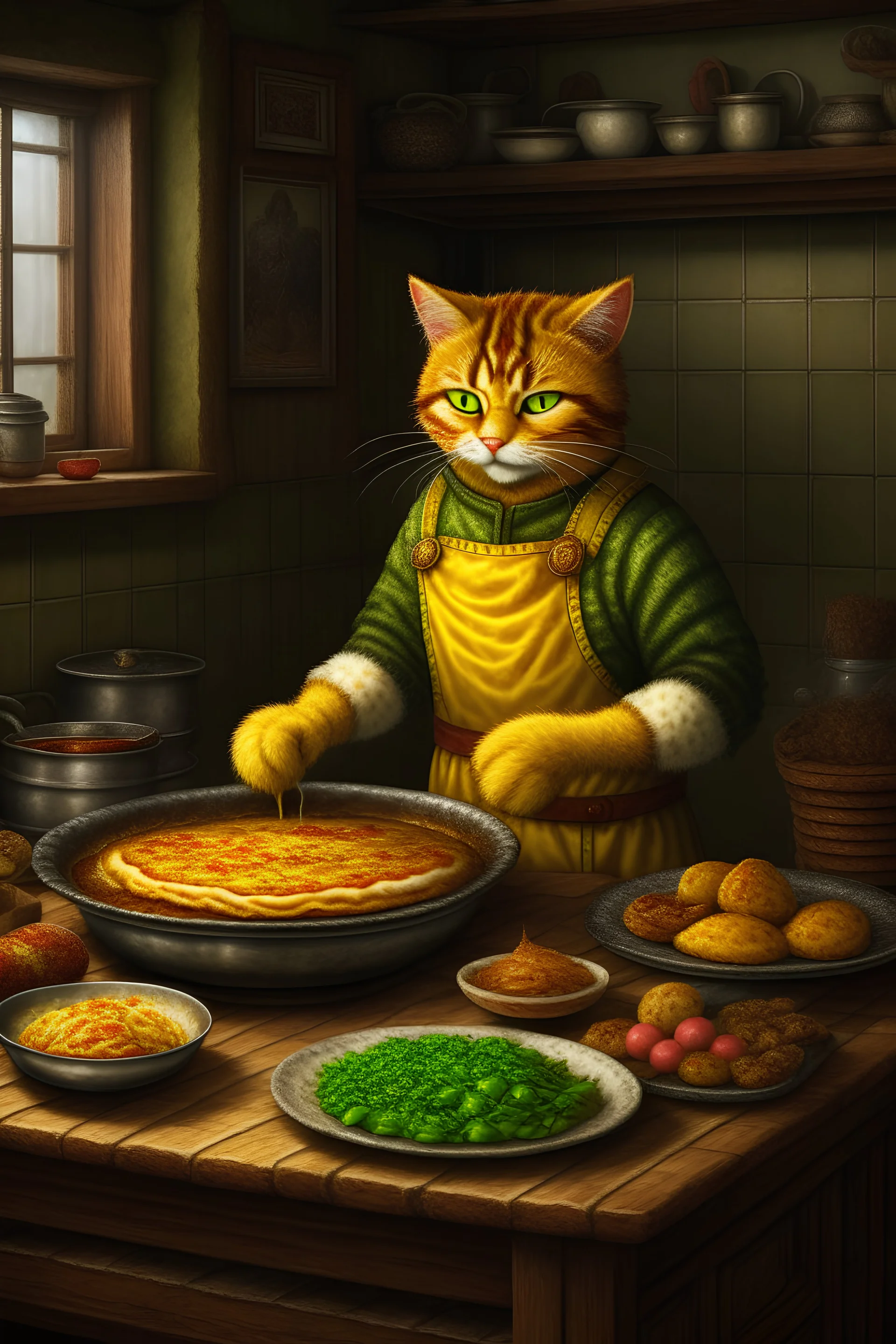 Garfield making lasagna, gothic painting style, resident evil death stranding