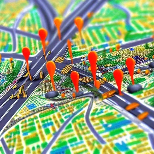 colored pins positioned throughout a map, roads and highways, desaturated colors, highly detailed, intricate design, smooth, realistic render