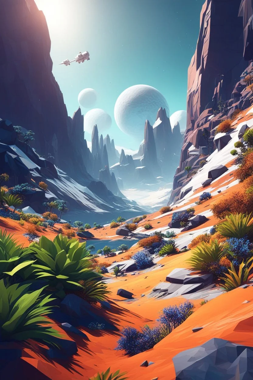 (((close midshot))), (((low poly art:2))), (astronaut), ultra-detailed illustration of an environment on a dangerous:1.2 exotic planet with plants and wild (animals:1.5), (vast open world), astroneer inspired, highest quality, no lines, no outlines candid photography. by Lekrot