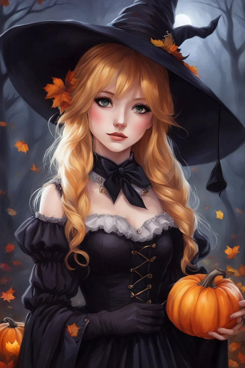 a girl in a witch costume holding a pumpkin, realistic cute girl painting, golden hair, cute anime girl portrait, gothic maiden anime girl, lovely dark autumn princess, school girl in gothic dress, beautiful necromancer girl, carlos ortega elizalde, kawaii realistic portrait, beautiful witch spooky female, portrait anime girl, anime girl wearing a black dress, beautiful female witch