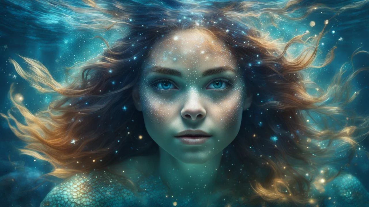 mermaid, beautiful eyes, dancing underwater, scales, double exposure, glare, sparkles, clear lines, detail, fine rendering, high resolution, 64K, photorealism, precise focus, digital painting,