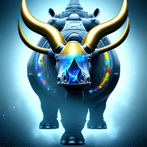 ù photo realistic, symetrical, centered, ultra detailed, digital art, in center is a portrait of highly detailed profile of head cyborg rhino ,big gold horn,little ear, eyes filled with galaxy, dominating colors = gray light blue and dark gold, lightning, smoke,