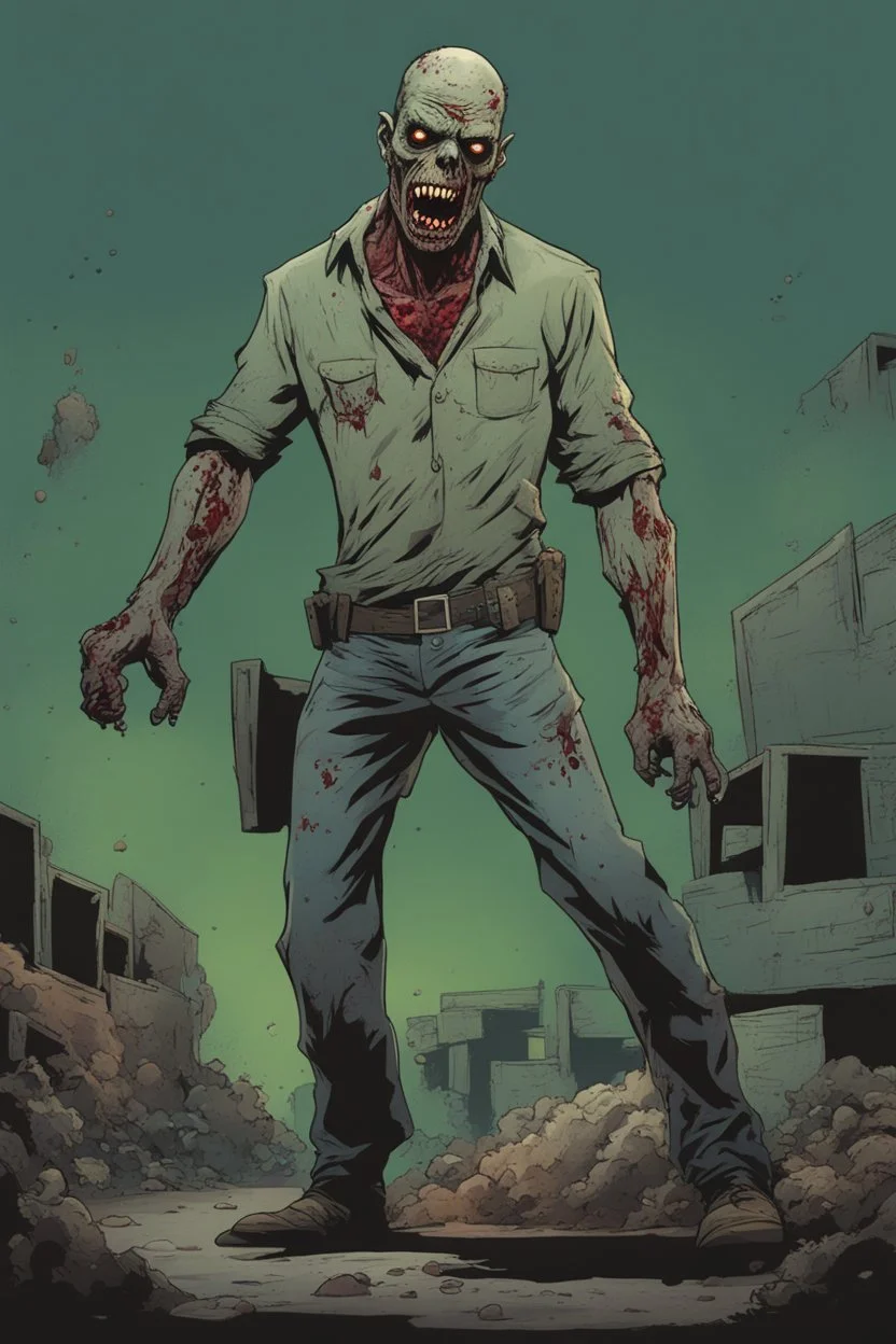 zombie, portrait, comic book, full body, standing, mean, illustration, lloking sideways