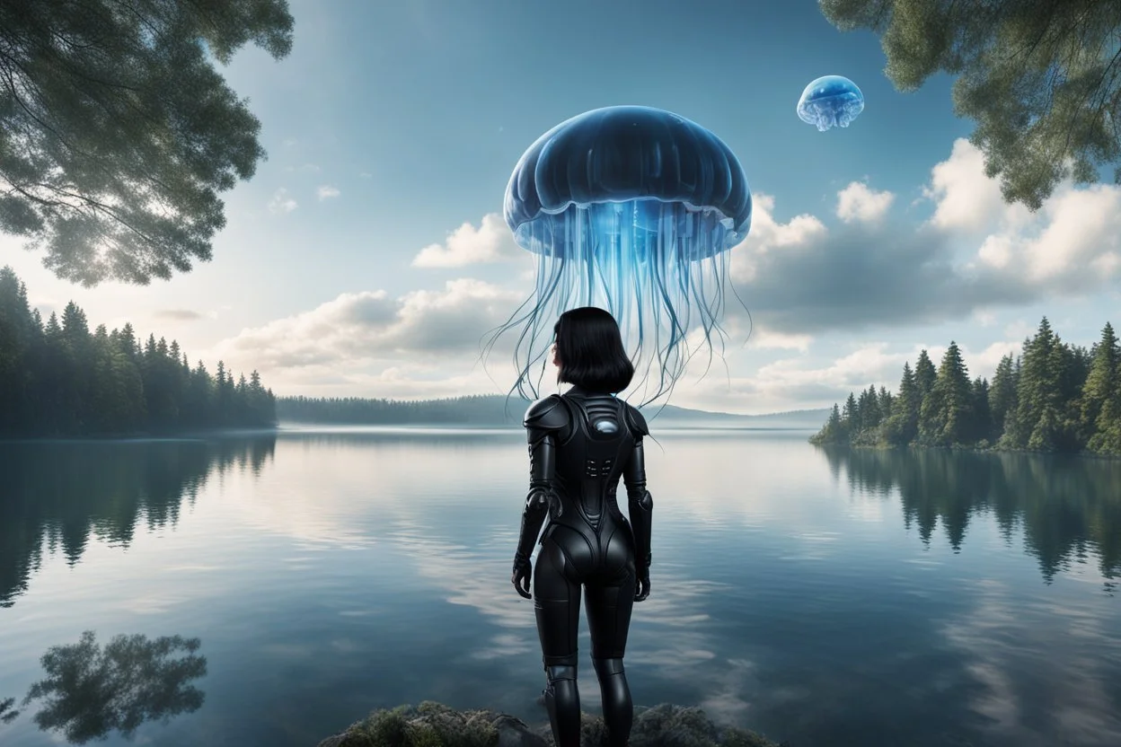 photorealistic photo of a woman with black hair, dressed in an android suit, looking out over a lake, at a jellyfish with tentacles with tall narrow cloud trees in the background