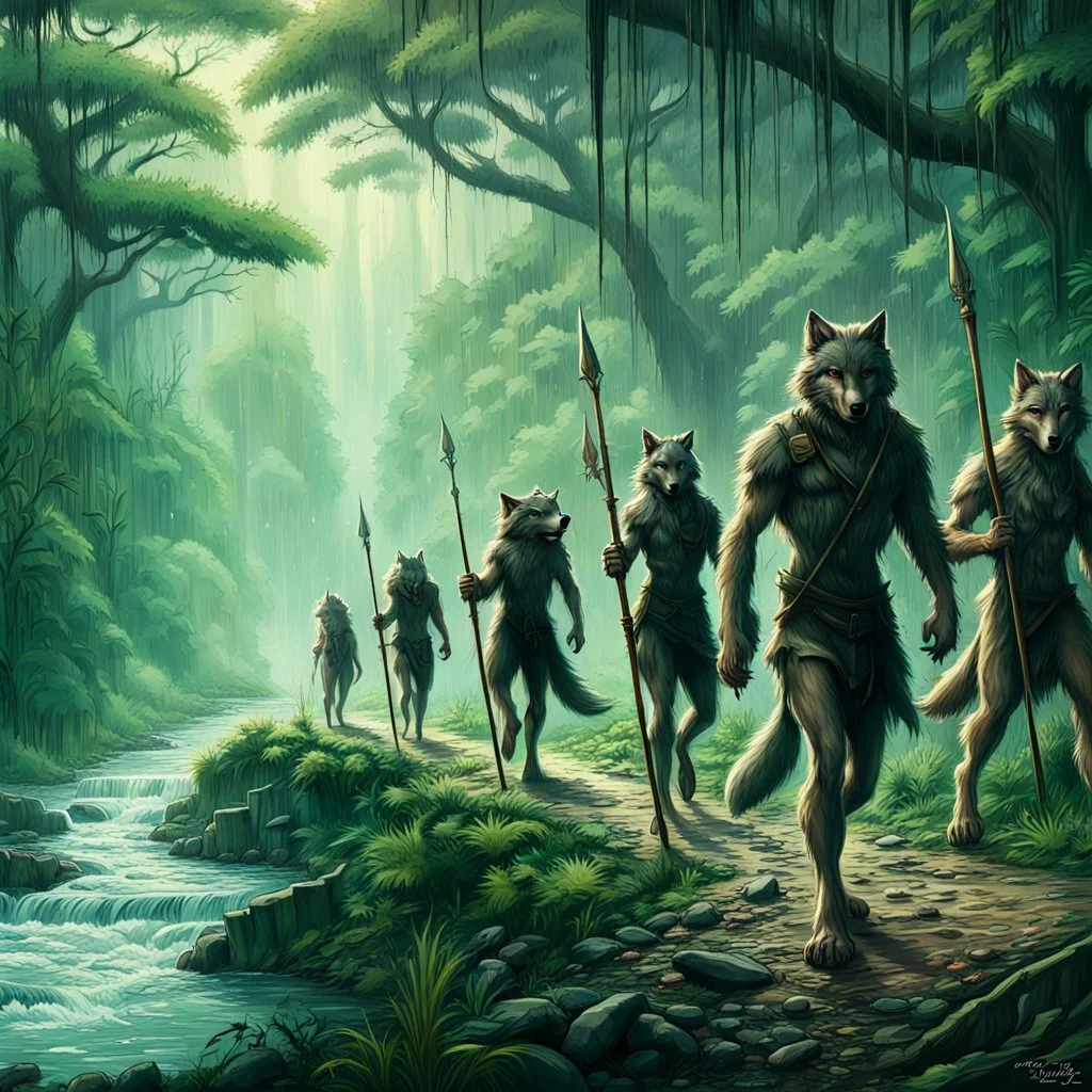 wolf body hair straight walking eight anthropomorphic wolf man hybrid human two with spears in their paws go one after another by pathway in jungle, in the further away a river flows in jungle near the trees, rain, very thick-trunk trees and jungle vegetation, near to them flows a fast river, dark colors, high realistic, detailed, cinematic, sci-fi, fantasy mood