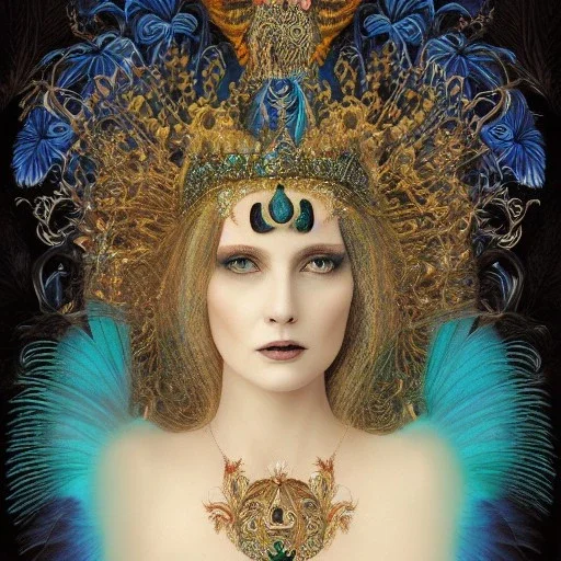 portrait of woman queen of peacocks, long black hair, blue eyes, stunning, beautiful, gorgeous, realistic, photo illustrative, ornate, 8K resolution, high-quality, fine-detail, digital art, detailed matte, brian froud, howard lyon, selina french, anna dittmann, annie stokes, lisa parker, greg rutowski,