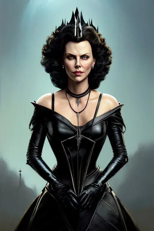 painting of charlize theron as evil queen in black leather, feminie, angry, stern look on her face, volouptous, busty, cleavage, emperious, mature, highly detailed, digital painting, artstation, concept art, smooth, sharp focus, illustration, art by gaston bussiere and alphonse mucha