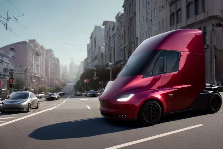 A Tesla 'Semi' (semi truck) is going at a high speed, on the streets of San Francisco. (CINEMATIC, WIDE ANGLE LENS, PHOTO REAL)