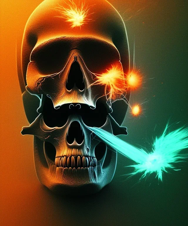 broken skull. black background. smoke and explode. particles in air. teal and orange. abstract. beksinski.