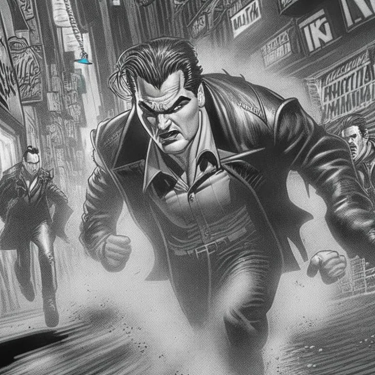 Sincity comic, a vampire running. Closeup.