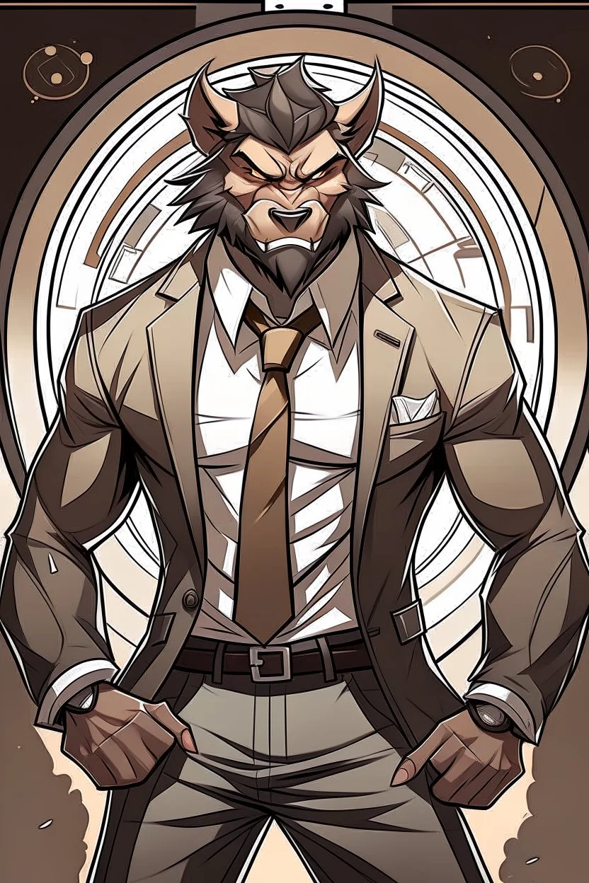 Buff, anthro, wolf, himbo, black fur, gold eyes, wearing a suit, full-body, muscles, strong, muscular, man boobs, bulky, tail