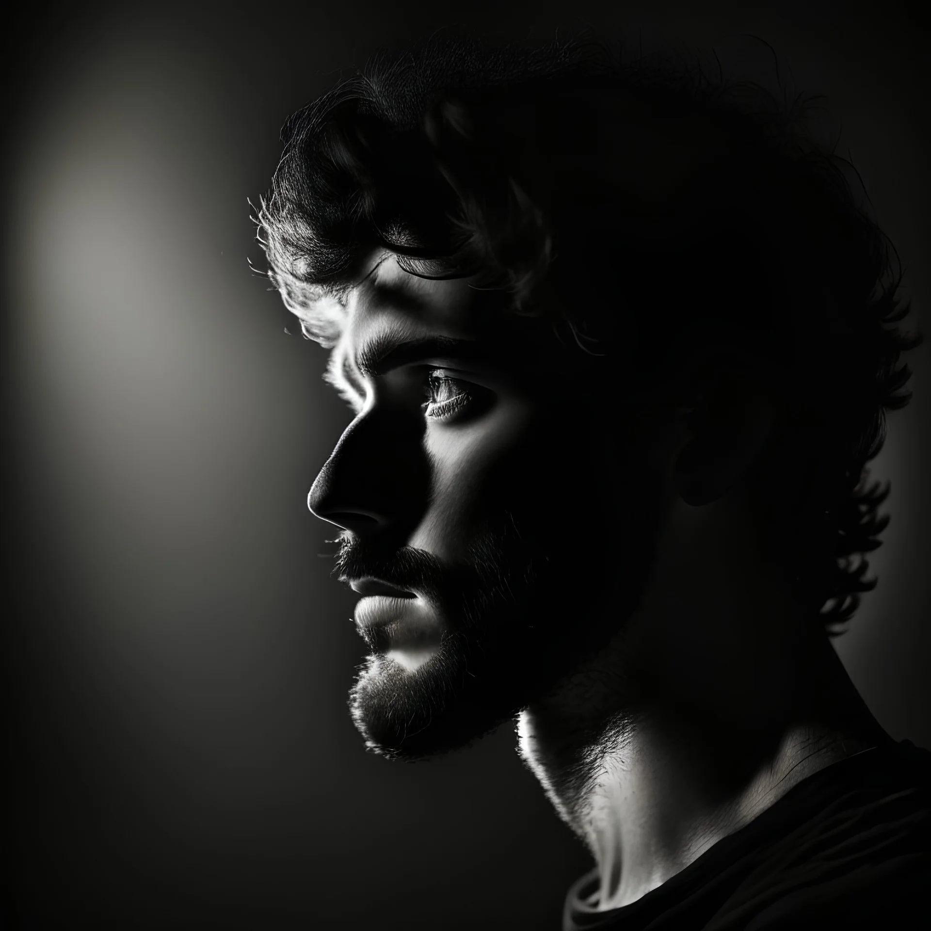 a shadowy photo of a young white male with scruffy facial hair looking to the side but he's a great distance, really far away from the photographer