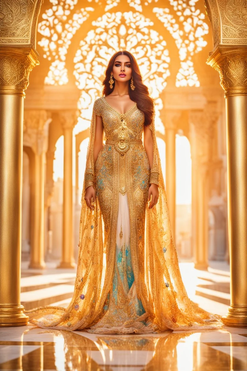 Gorgeous photography full body Beautiful super model middle East woman dressing Lady Angel colorful art conceptual, amazing artwork, hyper detailed, ultra maximalist quality, 12k , close-up portrait,crystal ornaments background, golden hour