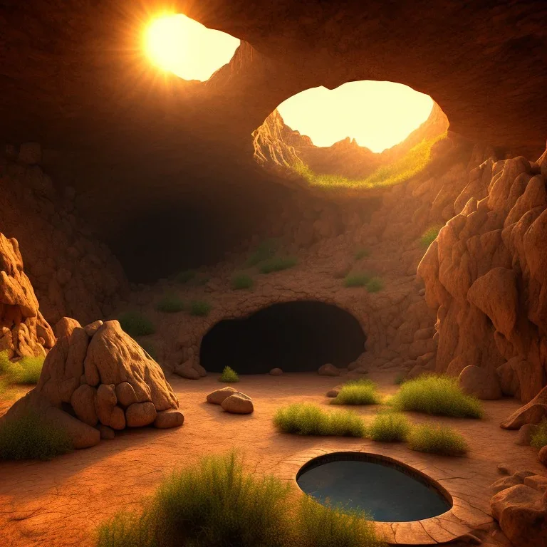 Cave in a desert mountain, hyper realistic, photography, rays, amazing lighting