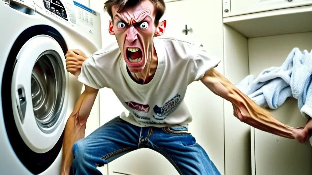 very skinny and lanky young man angry and can't lift damaged washer and dryer