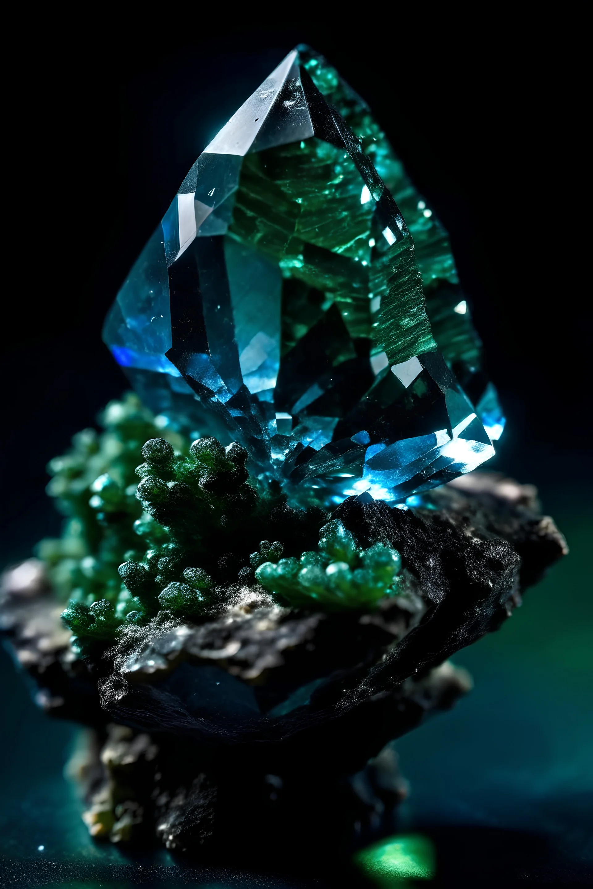dark blue Achroite Crystal big close up stone on dark green background