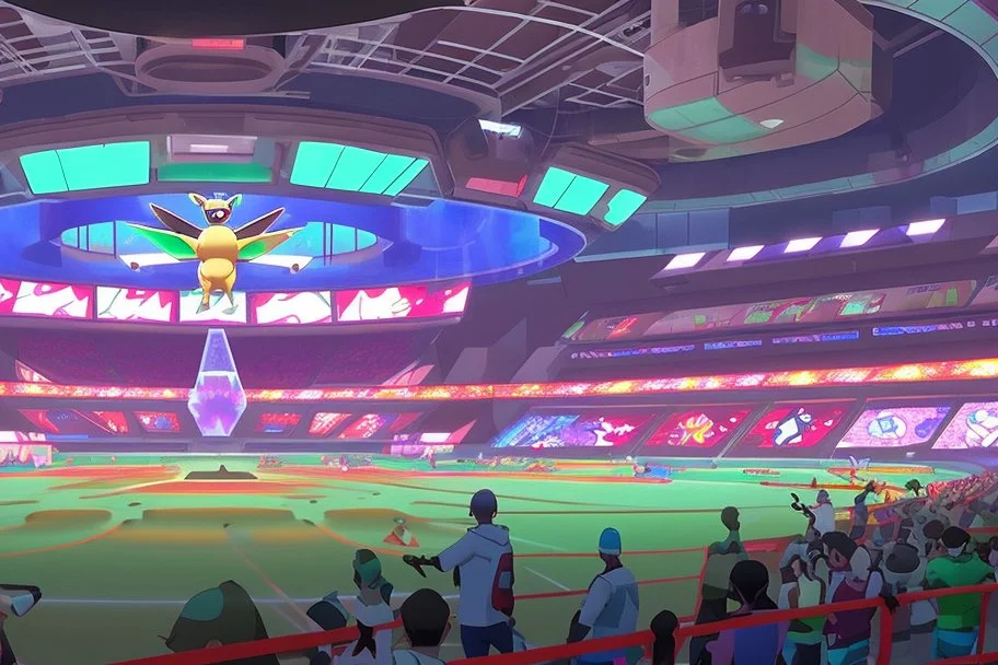 a Pokémon wrestling stadium with many lights and a big crowd, cell shading