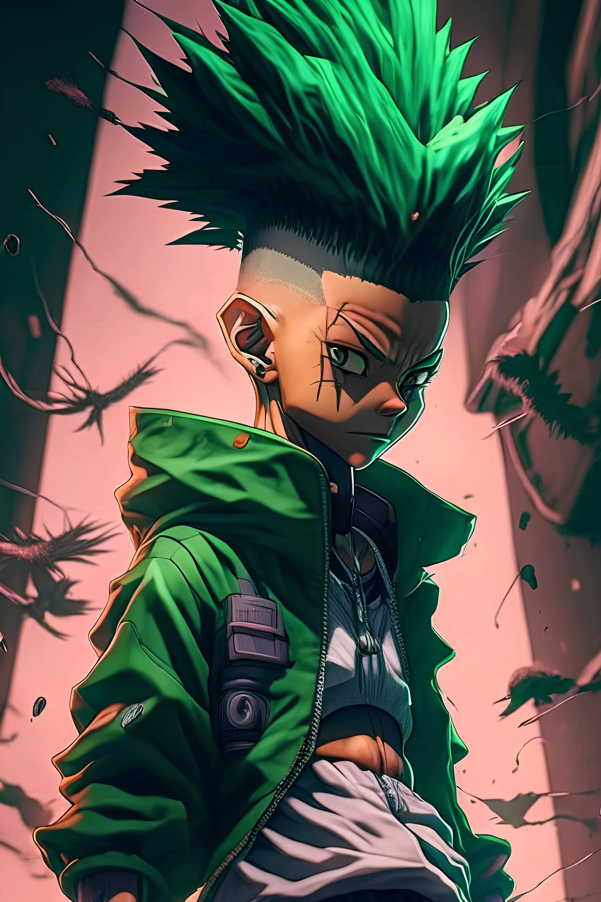 create a fantastic image of Gon Freecs, modern hip hop style, hunter x hunter anime, highly detailed, ultra hd image quality, clothes, hair, lights, everything, the whole environment super detailed