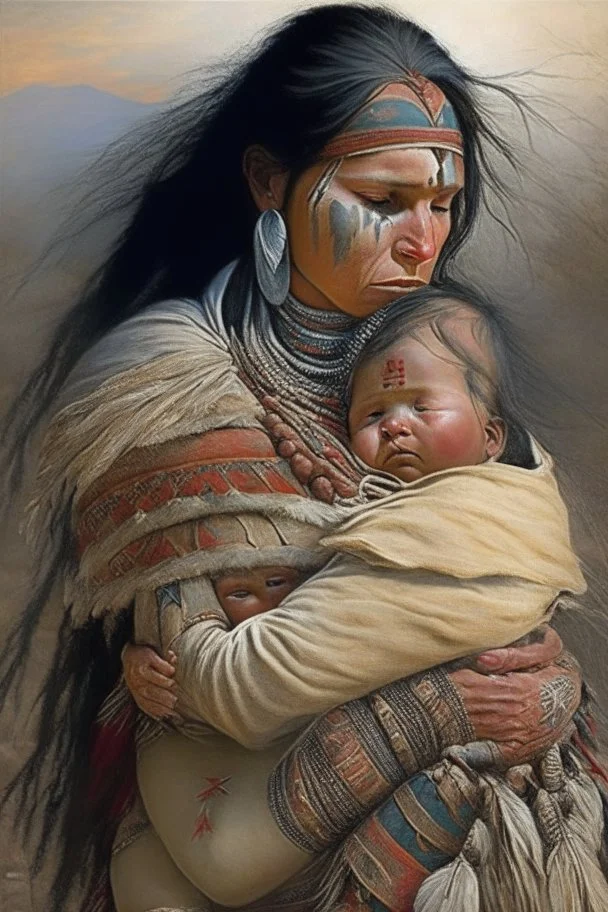 A valorous mother adorned with traditional attire worn by American Indian warriors traverses the battlegrounds of war with her cherished infant nestled firmly upon her back in a protective yet nurturing embrace