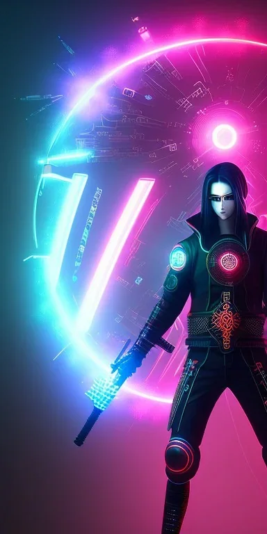 Itachi with cyber glowing swords, cyberpunk, full body, realistic, intricately detailed, neon lighting, vivid colors, neon, 64k