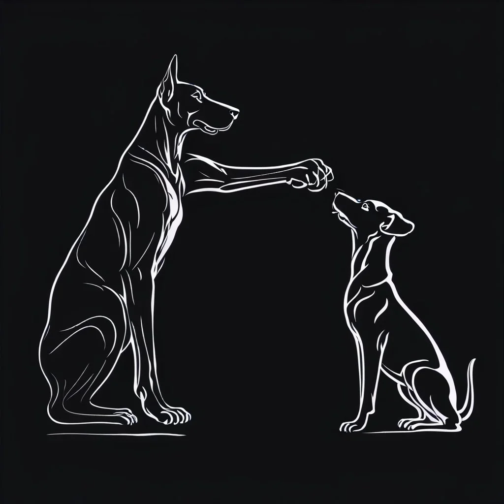 Striking one line art design featuring a side view of a Doberman dog and a man's raised hand in friendly fist bump. The man's arm is isolated, it emphasizes the bond and connection between the two. The Doberman has an affectionate expression. Intense black background. Simple but powerful design, symbolizes the connection between humans and pets